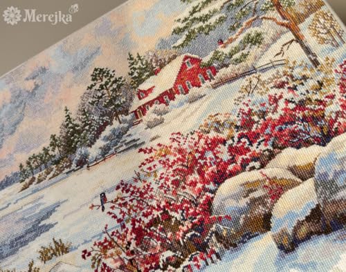 Merejka Counted Cross Stitch Kit – The Lake House K-261, Winter Cottage Lakeside Scene, Zweigart Aida 16 White, 34 DMC Threads, Finished Size 11.8 x 15.7 in (30 x 40 cm)
