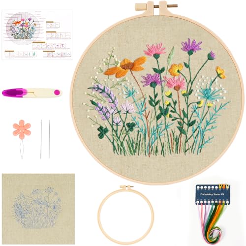 MAMUNU Embroidery Kit for Beginners Adults, Cross Stitch Kits, Stamped Cross Stitch Kits, Flower Embroidery Kit with Printed Embroidery Cloth, Embroidery Hoop, Color Threads and Tools - color: Floral