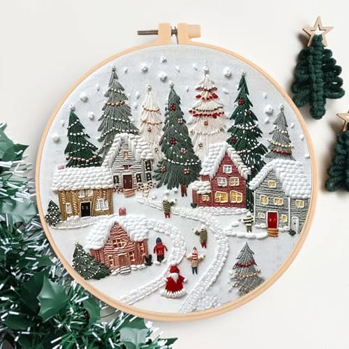 Huacan Embroidery Kits for Adults Beginner DIY Cross Stitch Stamped Christmas Tree Pattern Stitching Sewing Kit 1 Piece 7.8 x 7.8 Inch - color: Village