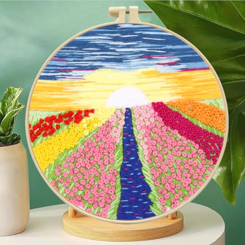 Zhenqing Flower Field Embroidery Kit for Beginners, Romantic Sunset Landscape Needlework Kit with Pre-Printed Fabric, Hoop, Threads & Tools (S-CX0314) - color: Romantic Flower Field