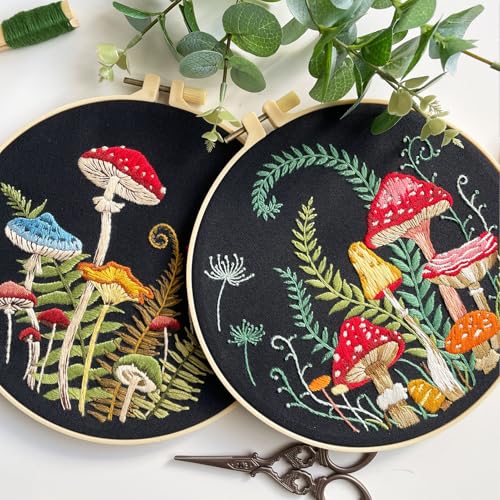 Myfelicity Embroidery Kit with Mushroom Patterns, 3 Hoops, Fabric, Threads, Needles, Instructions (red) - color: red