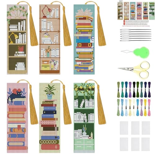KYOQFVN Bookshelf Cross Stitch Bookmarks for Adults Beginners - 14CT Crossstitch Bookmark Kit - Counted Cross Stitch Bookmarks with Instruction for Book Lovers Reader Writers 6×20cm - color: SQSZX-001
