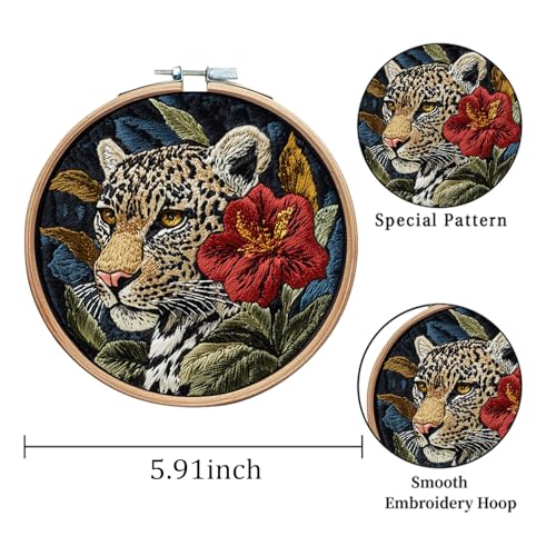 LB Red Floral Embroidery Kit for Beginners Adults,Tiger Stamped Patterns - color: Yellow Green