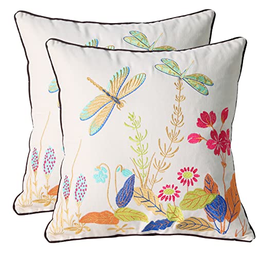 Set of 2 Embroidered Decorative Throw Pillow Covers Couch Square Pillowcases Cushion for Bedroom Sofa Farmhouse Decor 18x18 Inch (Dragonfly) - color: Dragonfly