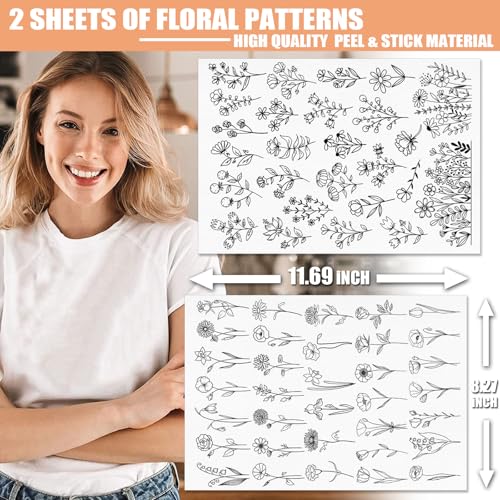 Patemby Embroidery Pattern Water Soluble Embroidery Stabilizers, Stick and Stitch Embroidery Paper Wash Away with Pre-Printed Pattern Designs Stencils Transfers for Hand Sewing Lover Beginner - color: Blossom