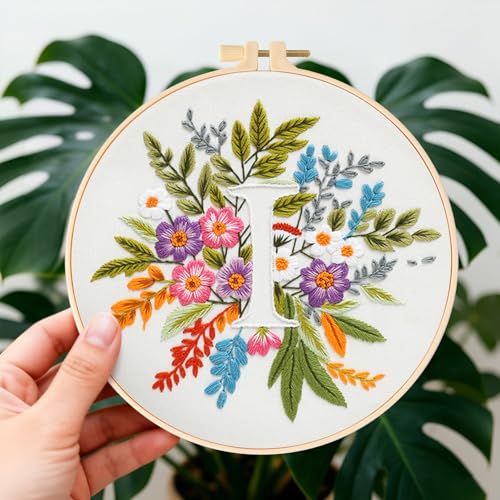 Zerzsy 7.87 '' Embroidery Kits Plant Flower Leaf English Letter Patterns for Beginners Adults, Easy to Learn Cross Stitch Kit for Home Office Decor - color: Letter I