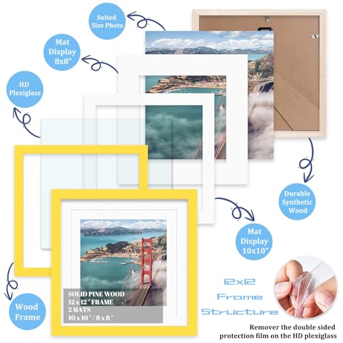 12x12 Wood Picture Frames for Wall Hanging or Tabletop,Diamond Painting Frame Baby Scan Picture Frames with 2 Mats Display 8x8 or 10x10 for Family Walls Decoration,Anniversary,Wedding,Christmas(Yellow) - color: Yellow, size: 12x12 inch
