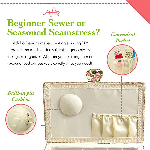 Sewing Basket with Tulip Floral Print Design- Sewing Kit Storage Box with Removable Tray, Built-in Pin Cushion and Interior Pocket - Medium - 11" x 7" x 5.5" - by Adolfo Design - color: Tulip, size: Medium - 11" x 7" x 5.5"