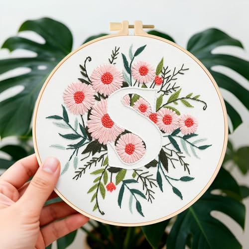 Zerzsy 7.87 '' Embroidery Kits Plant Flower Leaf English Letter Patterns for Beginners Adults, Easy to Learn Cross Stitch Kit for Home Office Decor - color: Letter S