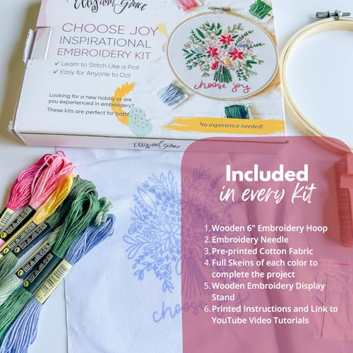 Elly & Grace Christian Embroidery Kit with Embroidery Hoop, Easy Embroidery Kit for Beginners and Adults, Full Embroidery Hoop Kit with Needles and Thread Included (Choose Joy) - style: Choose Joy
