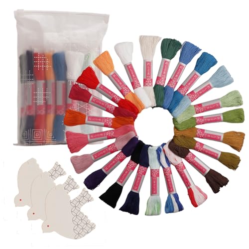 Daruma Sashiko Mini Skein Thread Set 100% Cotton Embroidery Floss for Hand Stitching and Crafts | Zipper Bag & 3 Bird Thread Cards | Made in Japan (23 Colors/Thick) - color: 23 Colors / Thick