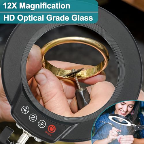 12X Magnifying Glass with Light and Stand, 2-in-1 Desk Lamp & Clamp Light, 5 Color Modes, Brightness Stepless Dimmable LED Lighted Magnifier Hands Free, Magnifier Lamp for Close Work, Reading - color: Black, size: 12X 17.8inch Base & Clamp