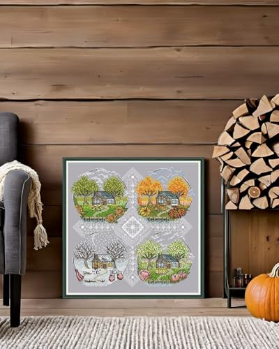 CaptainCrafts Cross Stitch Kits for Adults Counted Cross Stitch Unprinted Fabric Cross Stitching DIY Art DMC Needlecrafts Embroidery Kit for Adults (White, Cottage Scenery Four Seasons) - color: Cottage Scenery Four Seasons, style: White