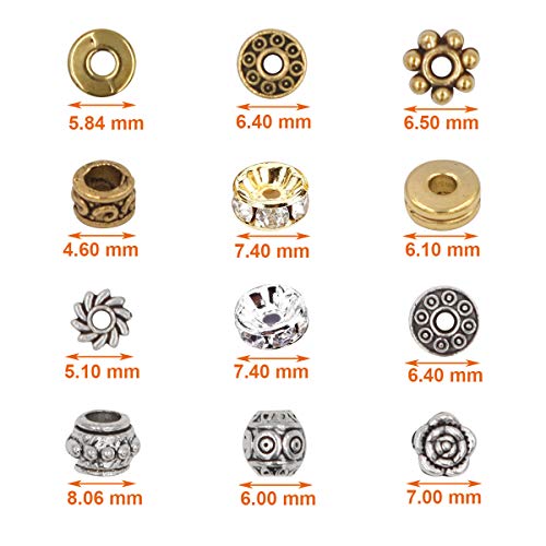 EuTengHao 600pcs Spacer Beads Jewelry Bead Charm Spacers Alloy Spacer Beads for Jewelry Making DIY Bracelets Necklace and Crafting (12 Styles,Silver and Gold)