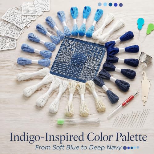 61 Pcs Sashiko Thread Kit with Plastic Sashiko Stencil, Embroidery Kit Fits for Sashiko Stitching, Hand Quilting Mending Supplies, Japanese Sewing Patterns for Beginners Visible Mending Kit Set