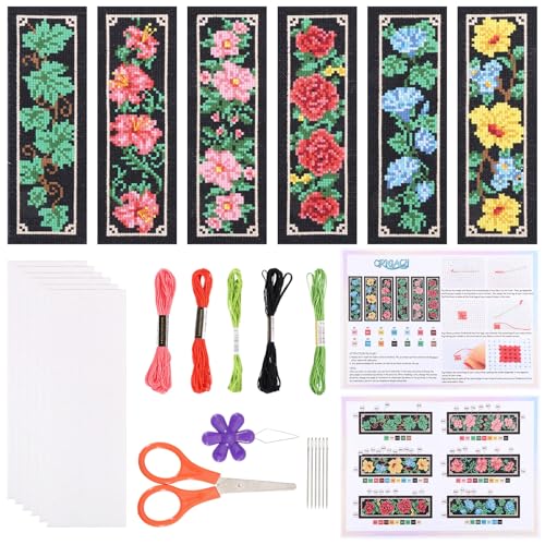 ORIGACH 6 Set Dark Floral & Vine Cross Stitch Bookmark Kit for Beginner - style: Floral and Vine