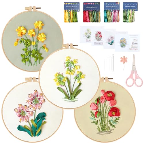 4 Sets Ribbon Flower Embroidery Kit for Beginners, Adults Cross Stitch Kits - color: Ribbon Flower