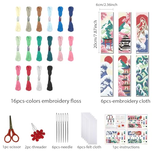 FREEBLOSS 6 Set Cross Stitch Bookmark Kit Japanese Style 8''x2.4'' 11CT - style: Japanese Style