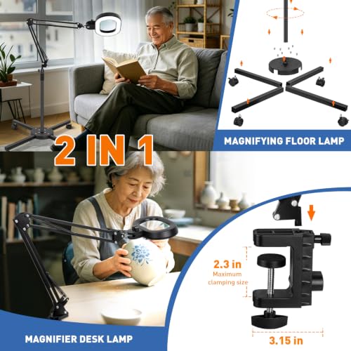 Floor Magnifying Glass with Light, 4 Wheel Stable Stand Base 12X - color: Black