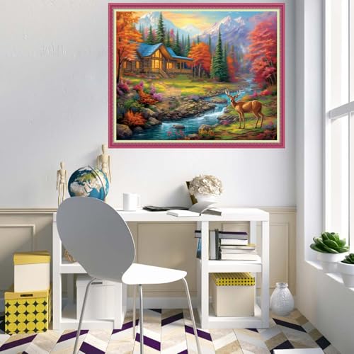 Disnesart Cross Stitch Stamped Full Embroidery Kits DIY 11CT Cotton Thread Printed DIY Needlepoint Kits Craft Needlework Set Cross-Stitch Stamped Sets-Deep Autumn Homeland 16x20 inch - color: Stylepattern16