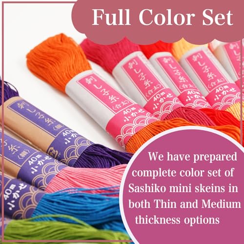 Daruma Sashiko Mini Skein Thread Set 100% Cotton Embroidery Floss for Hand Stitching and Crafts | Zipper Bag & 3 Bird Thread Cards | Made in Japan (23 Colors/Thick) - color: 23 Colors / Thick