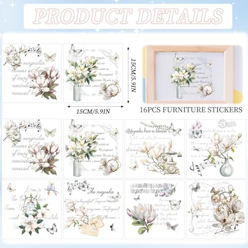 Wxiben 16 Pcs Magnolia Floral Rub on Transfers for Crafts and Furniture - style: White Magnolia
