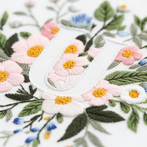 Zerzsy 7.87 '' Embroidery Kits Plant Flower Leaf English Letter Patterns for Beginners Adults, Easy to Learn Cross Stitch Kit for Home Office Decor - color: Letter U