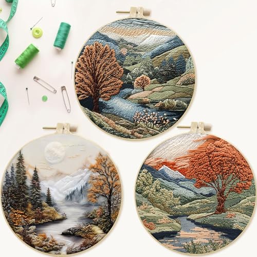 SCECALA 4 Pack Fall Forest Tree Embroidery Kit for Beginners - color: White