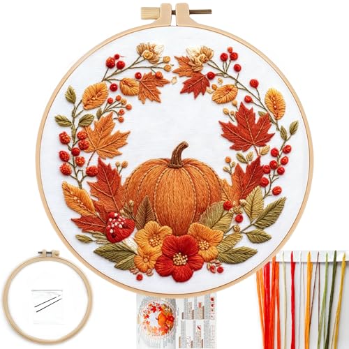 FONNUY Fall Embroidery Kit, Handmade Autumn Wreath Pre-Stamped Pattern for Beginners, Thanksgiving Harvest Home Decor, 8'' Hoop (Pumpkin) - color: Pumpkin