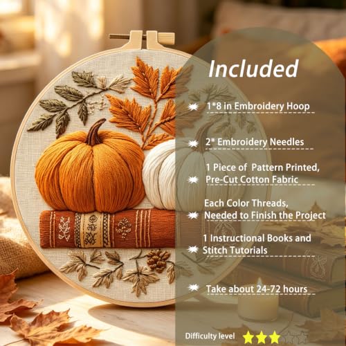 FONNUY Pumpkin Embroidery Kit for Beginners, Pre-Stamped Pattern Kits for Adults with Hoop, Easy to Follow Color Thread Needlework, 8'' Hoop (White) - color: White