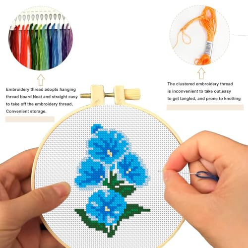 Zhenqing 12 Flowers Printed Cross Stitch Kit for Beginners - Complete Set with Pre-Printed 11CT Fabric, Threads & Needle (No Hoop Needed) (70297)