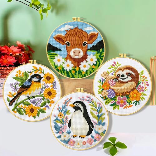 Zhenging Animal Cross Stitch Kit – 4 Pre-Printed Designs (Sloth, Bird, Penguin, Calf) with 11CT 9.45x9.45 Inch Fabric, Hoop, Scissors, Threader & Tools for Beginners & Adults - color: 69569