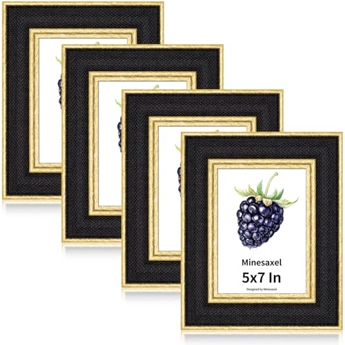 5x7 Picture Frame - Black Fabric & Vintage Gold Border HD Real Glass with Easel for Tabletop/Wall (Family Photos, Modern Decor 4 Pack) - color: Black-4pcs, size: 5x7