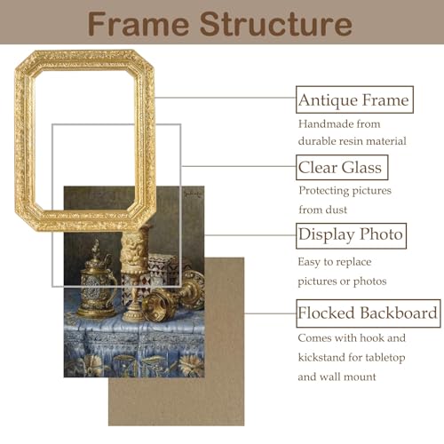 Vintage Picture Frames 5x7 Octagon Gold Antique Ornate Picture Frames for Tabletop and Wall Mount with Glass Front Retro Home Decor Old Fashioned Victorian Photo Gallery Wall Decor - color: Gold, size: 5x7