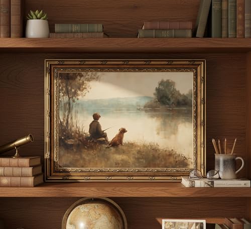 Gold Framed Vintage Fishing Boy Canvas Wall Art Farmhouse Country Boy and Dog Fishing Landscape Paintings Pictures Wall Decor Posters Prints Artwork for Bedroom Office Gallery Home Decoration - color: Fishing boy, size: 11"L x 9"W
