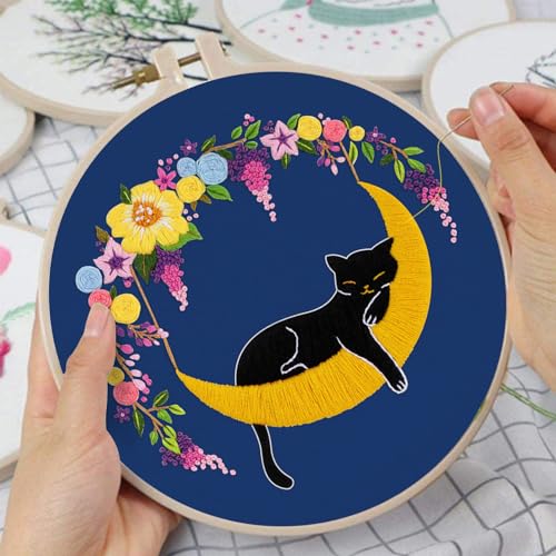Louise Maelys 3 Set Cat Moon Embroidery Kit for Beginners Craft - color: Animals-8