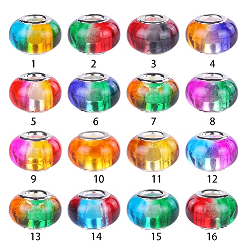100 Pieces 14mm European Large Hole Spacer Beads Mix Color with Silver Brass Cores Assortments Charm Lampwork Beads Supplies for Necklace Bracelets Jewelry Making (Transparent Two-Color) - color: Transparent two-color