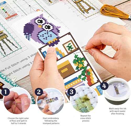 FREEBLOSS 6 Set Cross Stitch Bookmark Kit 11 CT Stamped Cross Stitch Kit DIY Embroidery Bookmark Kits for Adult Beginners with Instructions, Owl Books Pattern, 6 x 20 cm/8" x 2.4" - style: Owl