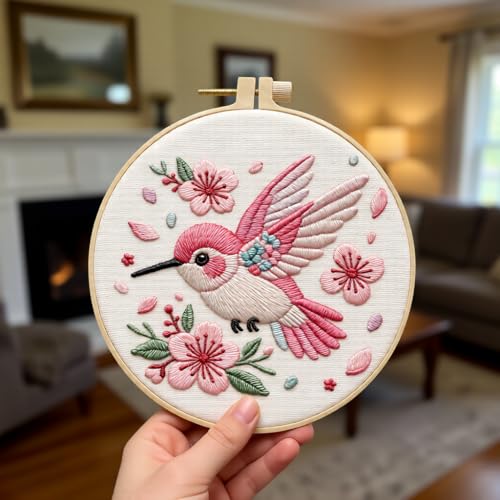 JJFox Embroidery Kit for Beginners and Adults, DIY Hand Embroidery Starter Kit with Cute Pattern, Cross Stitch Needlepoint Set with Hoop, Threads and Instructions (Hummingbird) - color: Hummingbird