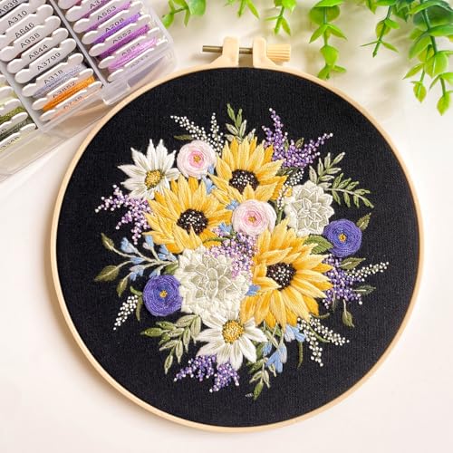 Silentsea Floral Embroidery Kit with Hoop, Sunflower Bouquet Pattern, 3 Designs, Beginner Cross Stitch Set
