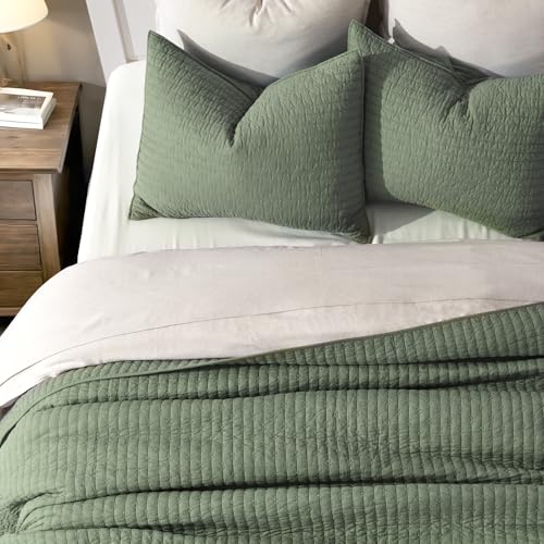 EVERGRACE Cross Stitch Pre-Washed Cotton Quilt Bedding Set Queen Size, Oversized 3 Pieces Lightweight Bedspread Coverlet for All Season, with 2 Matching Shams, Olive Green, 92"x96" - color: Olive Green, size: Full/Queen (92" X 96")