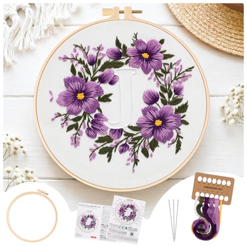 Zerzsy 7.87 '' Embroidery Kits Plant Flower Leaf English Letter Patterns for Beginners Adults, Easy to Learn Cross Stitch Kit for Home Office Decor - color: Letter J