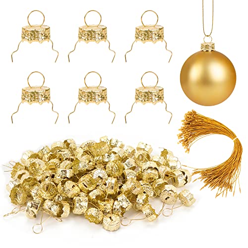 100 Pieces Round Christmas Ornament Caps and Ornament Hangers String Set - color: Gold