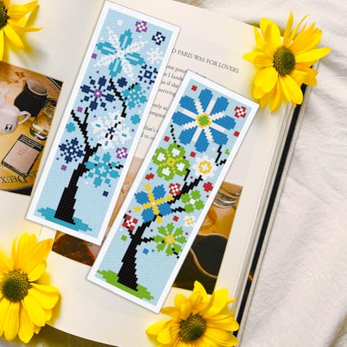 INFUNLY 6PCS/Set Tree Flowers Cross Stitch Bookmark Kit 2.99x8.54 Candy Color Handmade Cross Stitch Bookmarks DIY Embroidery Bookmarks for Readers with Instruction for Starter Adults Book Lovers - style: Tree Flowers