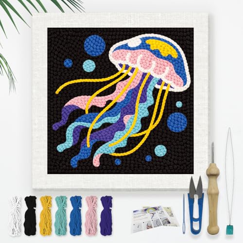 DOODLREAM Color Jellyfish Needle Kit for Beginner, 9.4"x 9.4" Marine Life Punch Stitching Craft Set, Color DIY Embroidery Starter with Printed Frame, Instruction, Threader, Yarn, Pinch Needle - color: Jellyfish