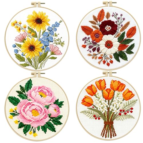 FEIYUENO 4 Pack Flower Pattern Embroidery Kit for Adults Beginner, Floral - color: Floral