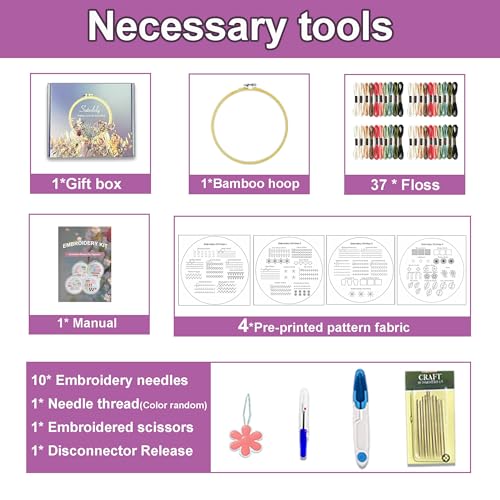 Sutesloly Embroidery Kit for Beginners Adults, 4 Sets Learn to Floral Patterns Simple Starter kit for Beginners, Easy Practice Kit, 7.8inch Hoop, Hand DIY Craft for Women，Purple - color: purple