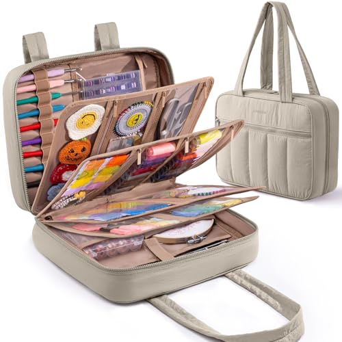 AMOIGEE Sewing Bag Organizer with 17 Clear Pockets and Tool Holders - color: Greige