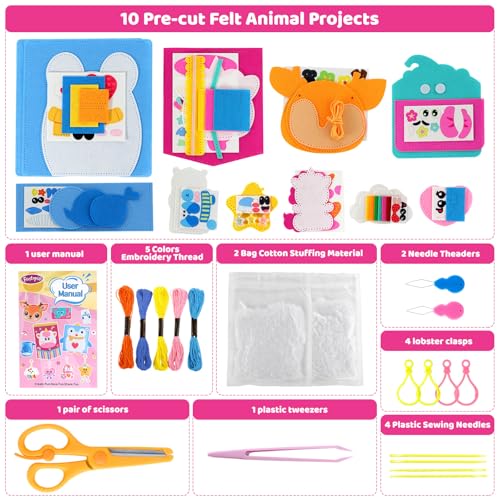 Felt Sewing Crafts for Kids Ages 4-12, 10 DIY Projects Kids Sewing Kit - color: animal organizers felt sewing kits
