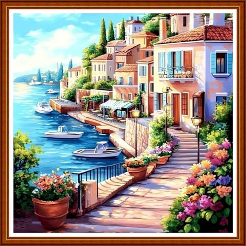 Redxing Counted Cross Stitch Kit for Beginners,Unprinted Needlepoint Kits for Beginners Cross Stitching Embroidery Kit 11CT Stitches kit-Seaside House Scenery 18x18 inch - color: SetColor26